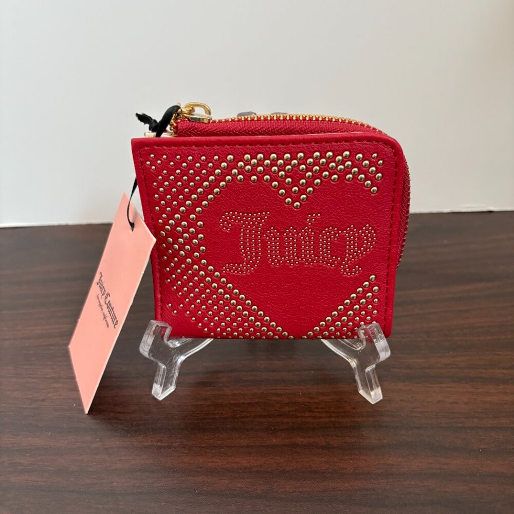 Juicy Couture Red Lovely Day Studded Heart JC Charm Zip Card Holder Wallet Y2K